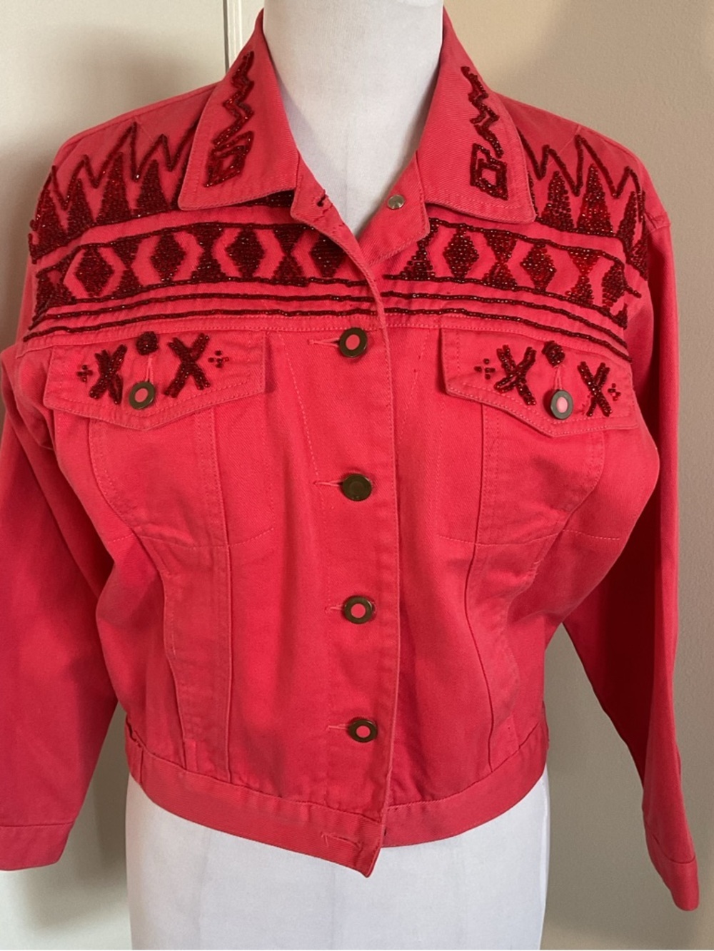 Vintage Carole Little Sport Beaded Denim Jacket Coral Pink Western Petite 2 - Picture 2 of 8